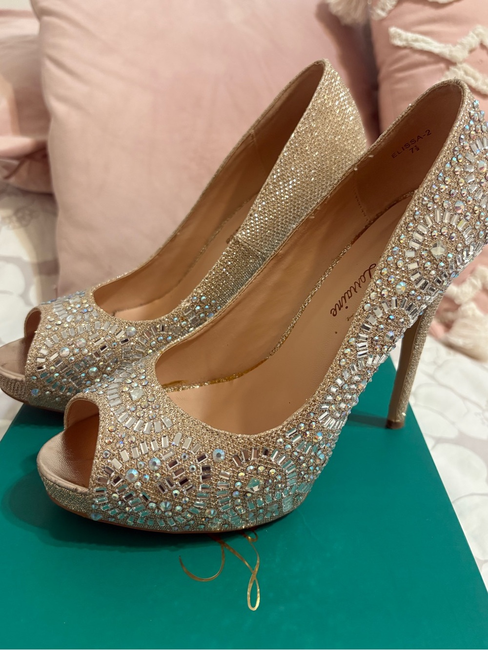 Lauren Lorraine Champagne Crystal Embellished Peep-Toe Stilettos